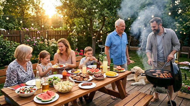 Multi generational family enjoying a delightful outdoor summer barbecue gathering with food spread on a rustic wooden table and cooking on a grill as the sun sets casting warm golden light