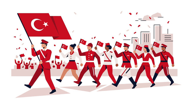 People celebrating Turkish national day with a parade of marchers holding flags in a city street illustration