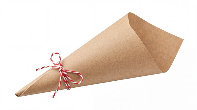 Rustic empty brown kraft paper cone decorated with a festive striped string on white background