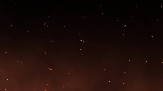 Orange smoke cloud fire sparks embers glowing particles dark background. cinematic fiery overlay for dramatic visual effects and motion graphics.