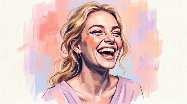 emotion happiness expression concept. Woman laughing joyfully in colorful artistic portrait with expressive brushstroke background.