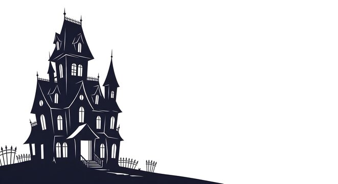 Spooky haunted house silhouette on white background, creepy gothic mansion illustration, dark victorian horror estate for halloween design