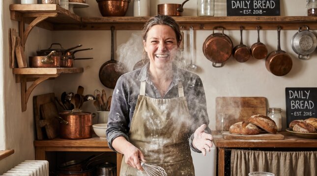 emotion happiness expression concept. Smiling baker dusted with flour stands in rustic kitchen surrounded by copper pots and fresh bread.