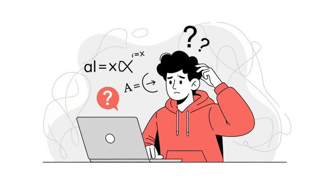 Confused student scratching head over complex math equations on laptop, concept of study difficulty, learning challenges, and problem-solving.