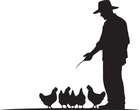Man in hat leads chickens with stick silhouette