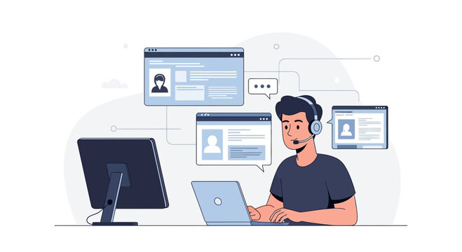 Customer Support Agent Working Remotely With Multiple Screens and Laptop