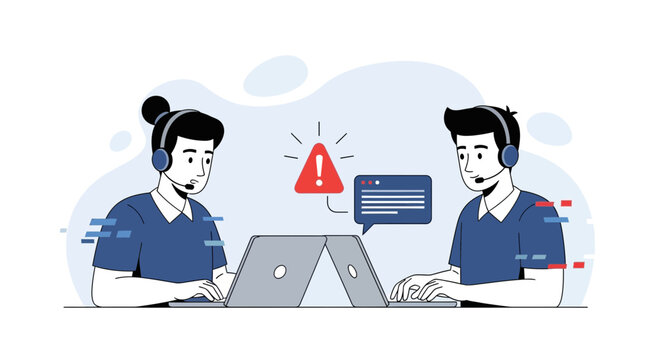 Customer support team facing technical issue, online assistance, error alert and communication concept vector illustration