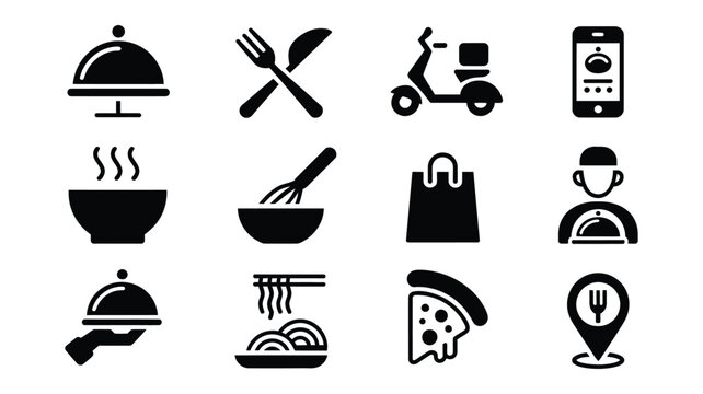 Food Delivery Icons Including Scooter Phone and Restaurant Symbols for Online Ordering and Fast Delivery Services
