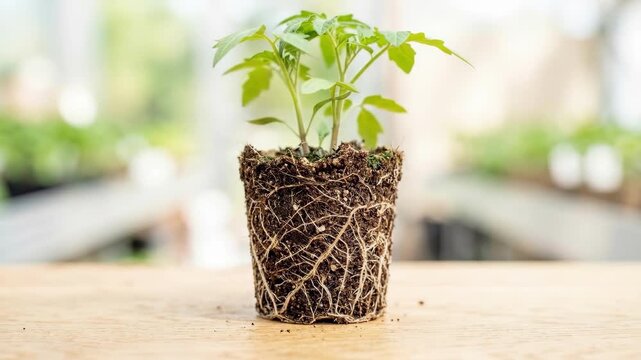 Young tomato seedling in terracotta pot with exposed roots on wooden table. Gardening and plant growth concept. Symbol of new beginnings and fresh start in horticulture