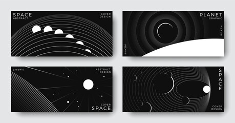Abstract horizontal backgrounds set of space. Outline astronomy simple design with planet, black hole. Black and white science future concept. Futuristic illustrations for cover, banner, flyer, layout © Anastasiya Stoma