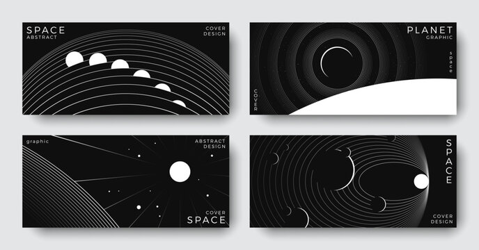 Abstract horizontal backgrounds set of space. Outline astronomy simple design with planet, black hole. Black and white science future concept. Futuristic illustrations for cover, banner, flyer, layout
