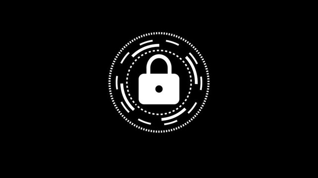 Cyber security padlock animation with rotating white HUD circles isolated on black background.