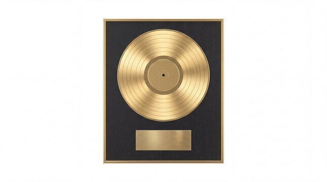Shiny golden music record award framed in dark wood mounted on a white background