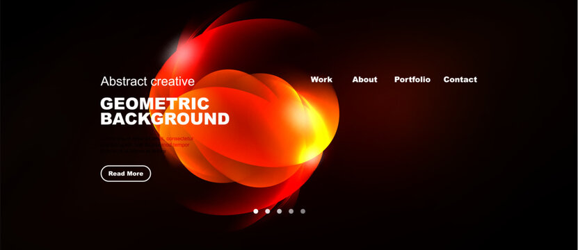 Dark background features vibrant red abstract shapes, text elements, navigation menu, plus pagination dots. Modern design.