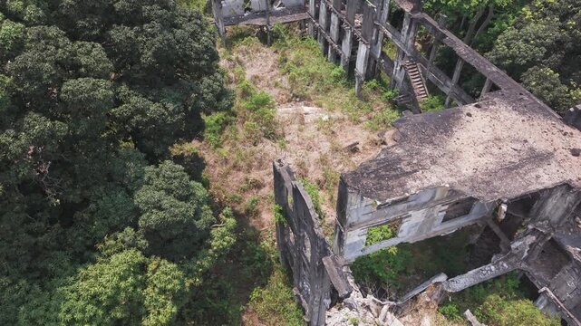 Aerial Drone Fly Over Bombs Barracks Ruin Military History Building View Corregidor Island Manila