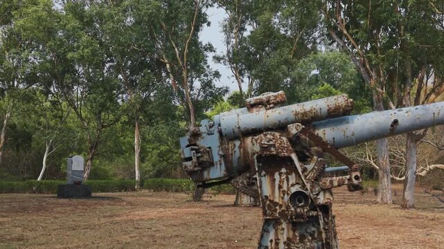 Historic Artillery Cannon Row Rust Military Weapon Jungle Landscape View Corregidor Island Manila