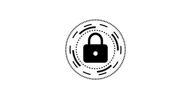 Cyber security padlock animation with rotating black HUD circles isolated on white background.