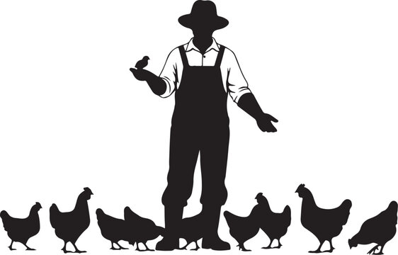Silhouette of farmer feeding chickens black white