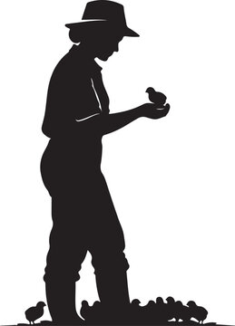 Silhouette of man holding chick with chicks around overalls