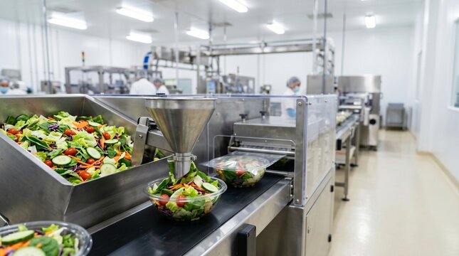 Automated food processing line filling and packaging fresh salads in a clean facility