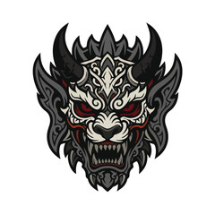 Fototapeta premium Ornate Horned Oni Demon Wolf Mask Vector Illustration