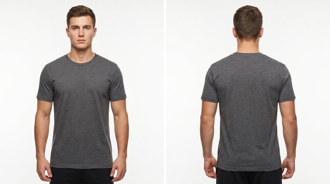 Man wearing gray t-shirt front and back view