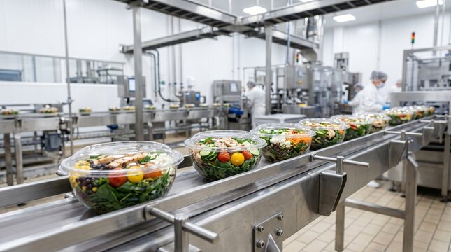 Pre packaged salads on a conveyor belt in a food processing facility workers in background