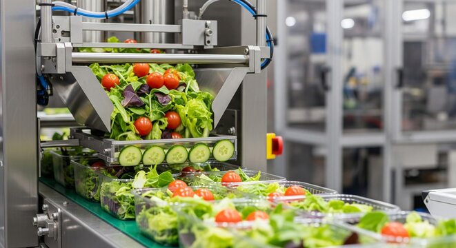 Automated food processing machine filling clear plastic containers with fresh salad ingredients