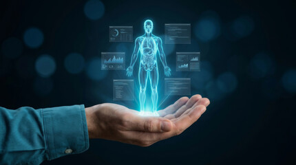 Obraz premium Ai diagnostic healthcare tool hologram human body hand futuristic medical interface. future health care innovation. clinical science medicine research, patient analysis tool