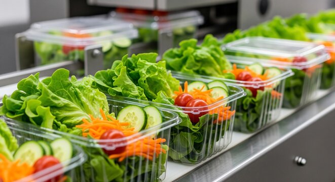 Pre packaged salads with lettuce cherry tomatoes cucumber slices and shredded carrots on a conveyor belt