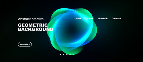 Obraz premium Dark background features vibrant, flowing geometric shapes. Text includes abstract creative and navigation options. Button reads Read More.