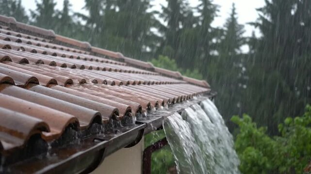 Heavy rain pouring over tiled roof and overflowing gutter during stormy weather downpour