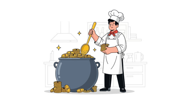 Chef Stirring Pot Full of Gold Coins in Kitchen - Concept of Financial Success and Wealth Creation