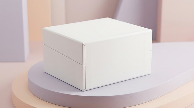 Blank white luxury watch box mockup placed on geometric pastel podiums for premium branding and product presentation