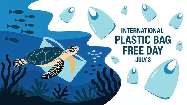 International Plastic Bag Free Day July 3 banner with turtle trapped in plastic underwater