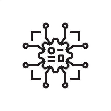 Machine learning model line icon featuring a central mechanical gear processing node linked to a digital circuit network. Ideal for advanced algorithm training, artificial intelligence, deep learning.