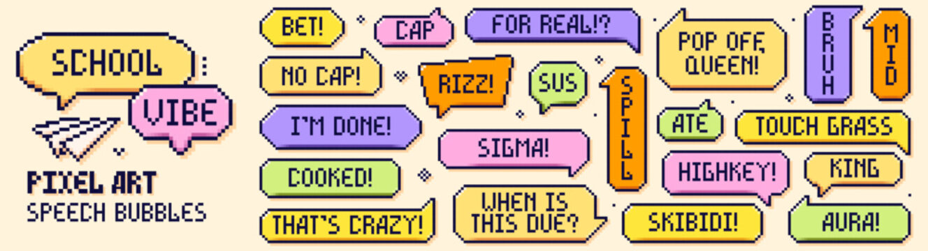 Pack of Back to School pixel art color speech bubbles. Riz, cooked, sus and any other teen worlds