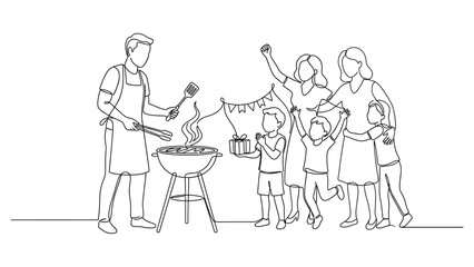 Obraz premium continuous line art Family enjoying a barbecue together outdoors.