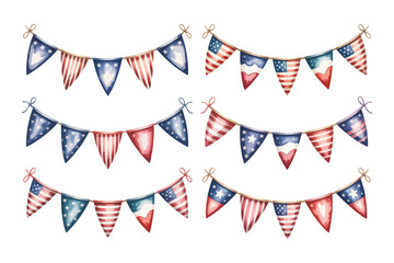 Obraz premium set of Watercolor Patriotic Garland Banner Clipart, USA Party Decoration vector illustration isolated on white background