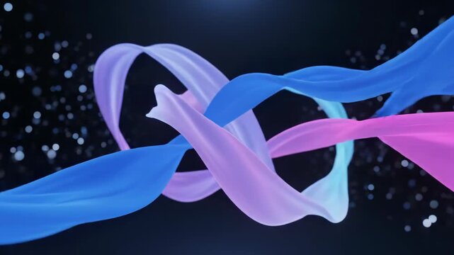 Abstract 3D render of blue and pink flowing ribbons overlapping in dark space with soft bokeh light particles. Smooth wavy fabric-like bands with diffuse lighting and depth of field effect.