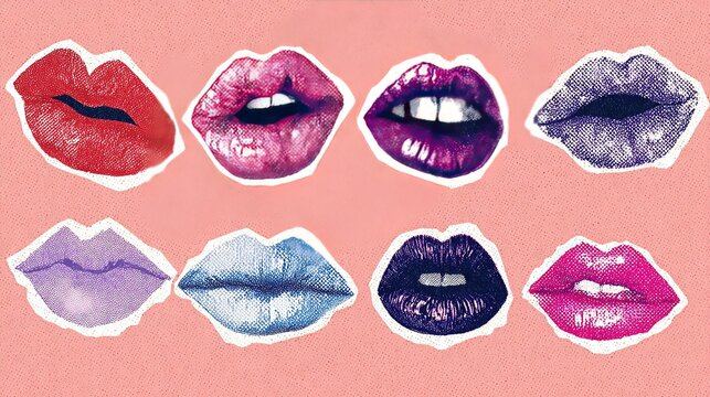 Eight halftone dotted stylized lip graphics in diverse colors arranged in two rows on solid pink backdrop, varied mouth states with tongue, teeth and openings