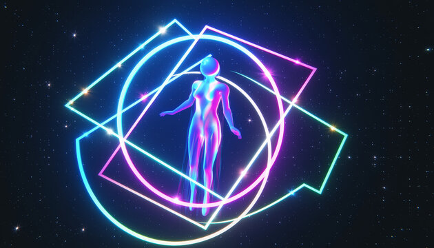 A digital illustration of a human figure surrounded by geometric shapes and glowing lines, set against a starry cosmic background, representing science, technology, or spirituality concepts.