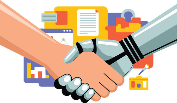Businessman shaking hands with a robot arm to signify a collaborative partnership between human intelligence and technology.