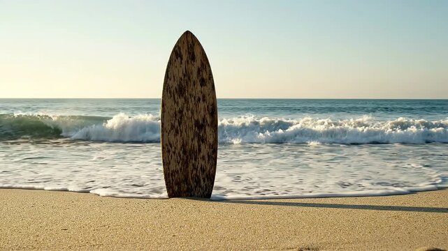 Surfboard standing on sandy beach as waves approach, showcasing the tranquil ocean scene with gentle surf and clear sky in the background