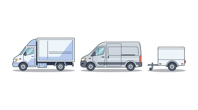 Vehicles on the road, featuring a truck with a large box, a van with a trailer attached, and a small empty trailer