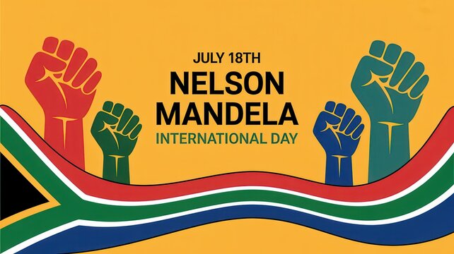 Nelson Mandela International Day banner with raised fist and South African flag