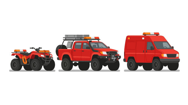 Emergency vehicles including an ATV, pickup truck, and van are lined up