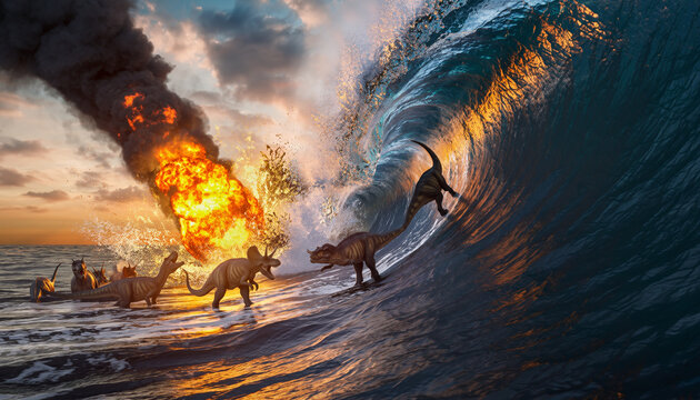 A dramatic scene of prehistoric animals, including dinosaurs, near a volcanic eruption with an explosion and flowing lava, set in a prehistoric landscape with water and volcanic activity.