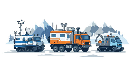 Fototapeta premium Three snow vehicles travel across a snowy mountain range landscape with trees