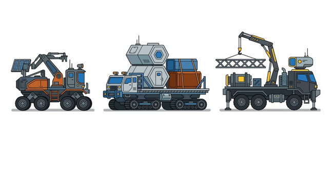 Heavy machinery vehicles transport equipment across industrial landscape with cranes